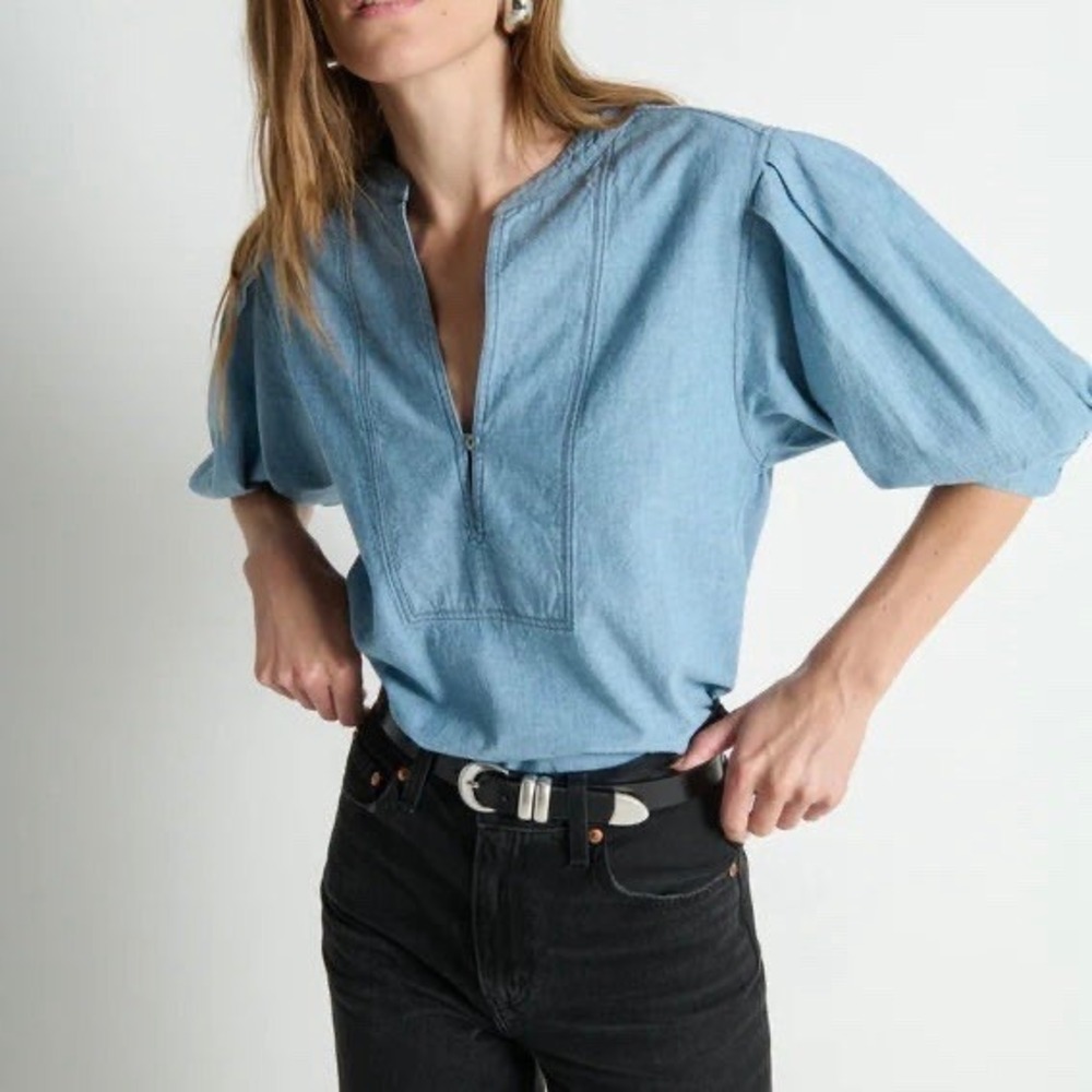 NWT Nation LA Emmett Top Chambray Sz XXL Puff Sleeve Preppy Classic Chic $188